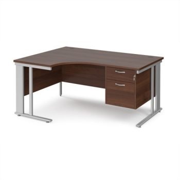 Maestro 25 left hand ergonomic desk 1600mm wide with 2 drawer pedestal - silver cable managed leg frame Walnut top - MCM16ELP2SW