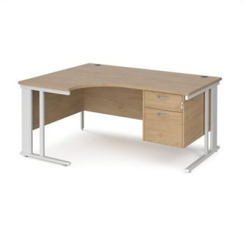 Maestro 25 left hand ergonomic desk 1600mm wide with 2 drawer pedestal - white cable managed leg frame Kendal Oak Top - MCM16ELP2WHKO