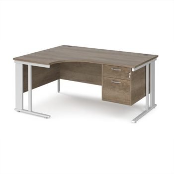 Maestro 25 left hand ergonomic desk 1600mm wide with 2 drawer pedestal - white cable managed leg frame Nebraska Oak Top - MCM16ELP2WHNO