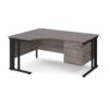 Maestro 25 left hand ergonomic desk 1600mm wide with 3 drawer pedestal - black cable managed leg frame Grey Oak Top - MCM16ELP3KGO