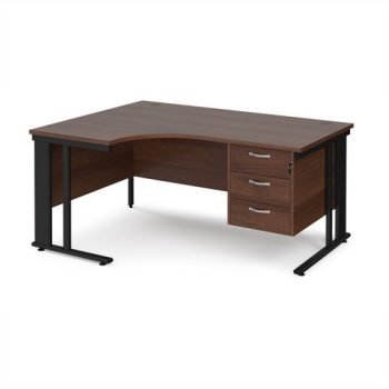Maestro 25 left hand ergonomic desk 1600mm wide with 3 drawer pedestal - black cable managed leg frame Walnut top - MCM16ELP3KW