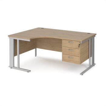 Maestro 25 left hand ergonomic desk 1600mm wide with 3 drawer pedestal - silver cable managed leg frame Kendal Oak Top - MCM16ELP3SKO