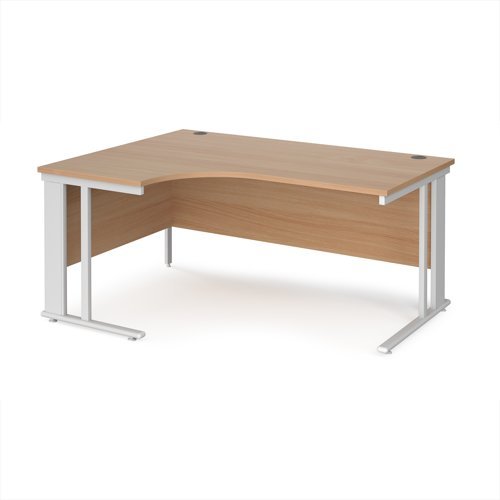 Maestro 25 left hand ergonomic desk 1600mm wide - white cable managed leg frame Beech top - MCM16ELWHB