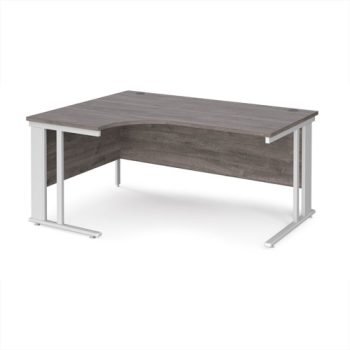 Maestro 25 left hand ergonomic desk 1600mm wide - white cable managed leg frame Grey Oak Top - MCM16ELWHGO