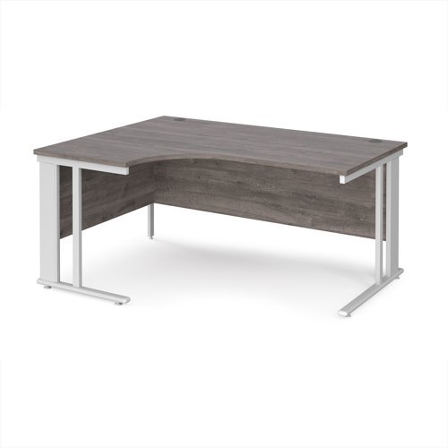Maestro 25 left hand ergonomic desk 1600mm wide - white cable managed leg frame Grey Oak Top - MCM16ELWHGO
