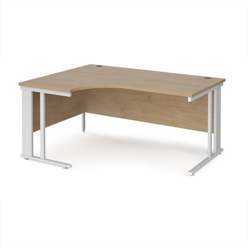 Maestro 25 left hand ergonomic desk 1600mm wide - white cable managed leg frame Kendal Oak Top - MCM16ELWHKO