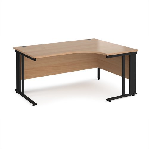 Maestro 25 right hand ergonomic desk 1600mm wide - black cable managed leg frame Beech top - MCM16ERKB
