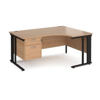 Maestro 25 right hand ergonomic desk 1600mm wide with 2 drawer pedestal - black cable managed leg frame Beech top - MCM16ERP2KB