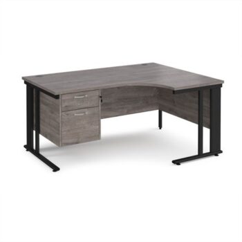 Maestro 25 right hand ergonomic desk 1600mm wide with 2 drawer pedestal - black cable managed leg frame Grey Oak Top - MCM16ERP2KGO