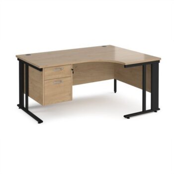 Maestro 25 right hand ergonomic desk 1600mm wide with 2 drawer pedestal - black cable managed leg frame Kendal Oak Top - MCM16ERP2KKO