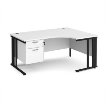Maestro 25 right hand ergonomic desk 1600mm wide with 2 drawer pedestal - black cable managed leg frame White Top - MCM16ERP2KWH