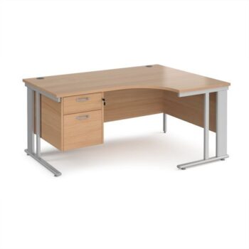 Maestro 25 right hand ergonomic desk 1600mm wide with 2 drawer pedestal - silver cable managed leg frame Beech top - MCM16ERP2SB
