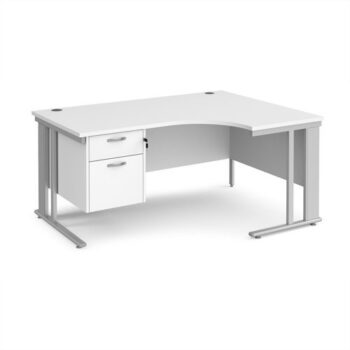 Maestro 25 right hand ergonomic desk 1600mm wide with 2 drawer pedestal - silver cable managed leg frame White Top - MCM16ERP2SWH