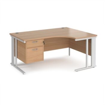Maestro 25 right hand ergonomic desk 1600mm wide with 2 drawer pedestal - white cable managed leg frame Beech top - MCM16ERP2WHB