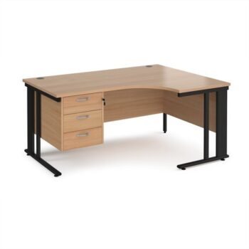 Maestro 25 right hand ergonomic desk 1600mm wide with 3 drawer pedestal - black cable managed leg frame Beech top - MCM16ERP3KB