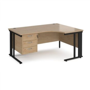 Maestro 25 right hand ergonomic desk 1600mm wide with 3 drawer pedestal - black cable managed leg frame Kendal Oak Top - MCM16ERP3KKO