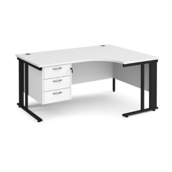 Maestro 25 right hand ergonomic desk 1600mm wide with 3 drawer pedestal - black cable managed leg frame White Top - MCM16ERP3KWH