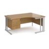 Maestro 25 right hand ergonomic desk 1600mm wide with 3 drawer pedestal - silver cable managed leg frame Oak Top - MCM16ERP3SO