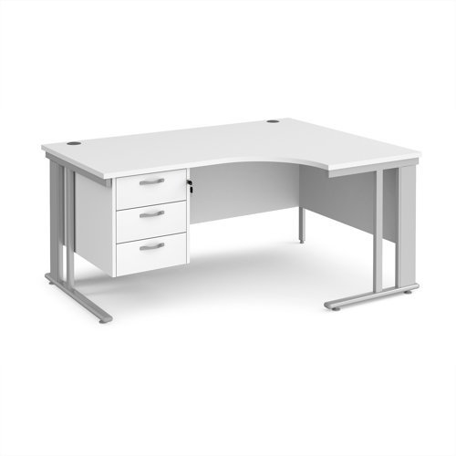 Maestro 25 right hand ergonomic desk 1600mm wide with 3 drawer pedestal - silver cable managed leg frame White Top - MCM16ERP3SWH