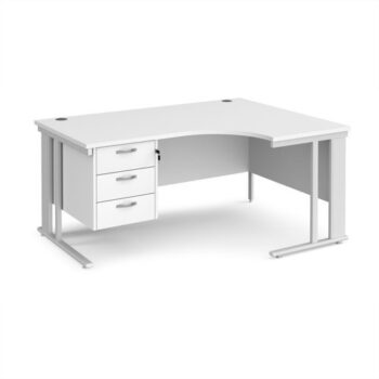 Maestro 25 right hand ergonomic desk 1600mm wide with 3 drawer pedestal - white cable managed leg frame White Top - MCM16ERP3WHWH