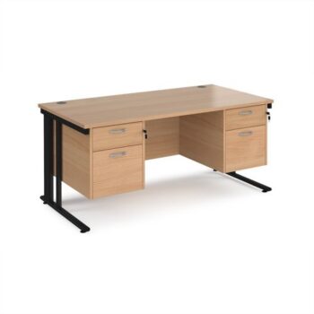 Maestro 25 straight desk 1600mm x 800mm with two x 2 drawer pedestals - black cable managed leg frame Beech top - MCM16P22KB
