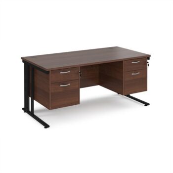 Maestro 25 straight desk 1600mm x 800mm with two x 2 drawer pedestals - black cable managed leg frame Walnut top - MCM16P22KW
