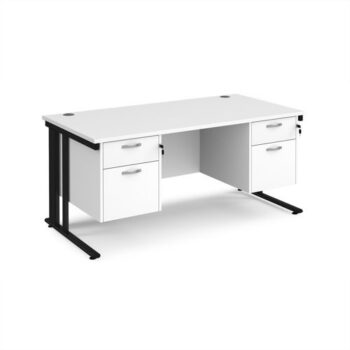 Maestro 25 straight desk 1600mm x 800mm with two x 2 drawer pedestals - black cable managed leg frame White Top - MCM16P22KWH