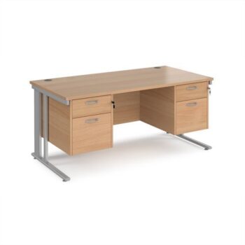 Maestro 25 straight desk 1600mm x 800mm with two x 2 drawer pedestals - silver cable managed leg frame Beech top - MCM16P22SB