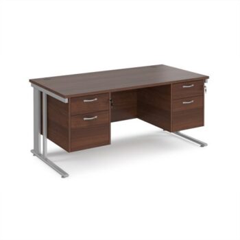 Maestro 25 straight desk 1600mm x 800mm with two x 2 drawer pedestals - silver cable managed leg frame Walnut top - MCM16P22SW