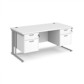 Maestro 25 straight desk 1600mm x 800mm with two x 2 drawer pedestals - silver cable managed leg frame White Top - MCM16P22SWH
