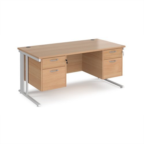 Maestro 25 straight desk 1600mm x 800mm with two x 2 drawer pedestals - white cable managed leg frame Beech top - MCM16P22WHB