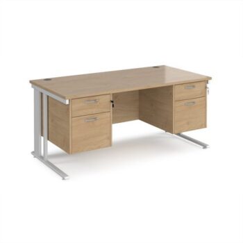Maestro 25 straight desk 1600mm x 800mm with two x 2 drawer pedestals - white cable managed leg frame Kendal Oak Top - MCM16P22WHKO