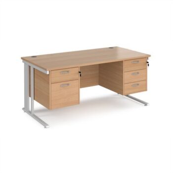 Maestro 25 straight desk 1600mm x 800mm with 2 and 3 drawer pedestals - white cable managed leg frame Beech top - MCM16P23WHB