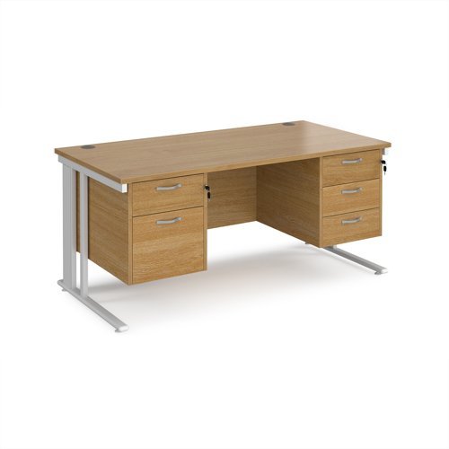 Maestro 25 straight desk 1600mm x 800mm with 2 and 3 drawer pedestals - white cable managed leg frame Oak Top - MCM16P23WHO