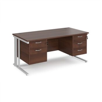 Maestro 25 straight desk 1600mm x 800mm with 2 and 3 drawer pedestals - white cable managed leg frame Walnut top - MCM16P23WHW