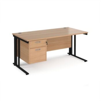 Maestro 25 straight desk 1600mm x 800mm with 2 drawer pedestal - black cable managed leg frame Beech top - MCM16P2KB