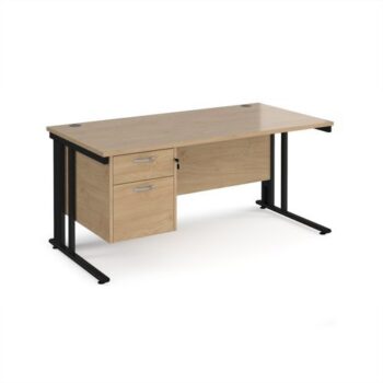 Maestro 25 straight desk 1600mm x 800mm with 2 drawer pedestal - black cable managed leg frame Kendal Oak Top - MCM16P2KKO