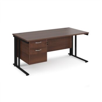 Maestro 25 straight desk 1600mm x 800mm with 2 drawer pedestal - black cable managed leg frame Walnut top - MCM16P2KW
