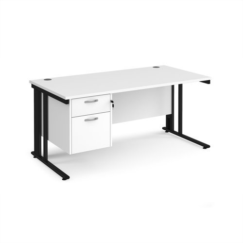 Maestro 25 straight desk 1600mm x 800mm with 2 drawer pedestal - black cable managed leg frame White Top - MCM16P2KWH