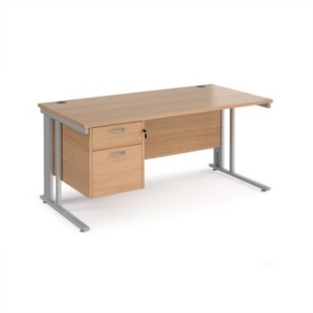 Maestro 25 straight desk 1600mm x 800mm with 2 drawer pedestal - silver cable managed leg frame Beech top - MCM16P2SB