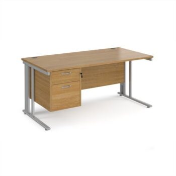 Maestro 25 straight desk 1600mm x 800mm with 2 drawer pedestal - silver cable managed leg frame Oak Top - MCM16P2SO