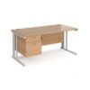 Maestro 25 straight desk 1600mm x 800mm with 2 drawer pedestal - white cable managed leg frame Beech top - MCM16P2WHB
