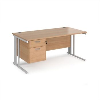 Maestro 25 straight desk 1600mm x 800mm with 2 drawer pedestal - white cable managed leg frame Beech top - MCM16P2WHB