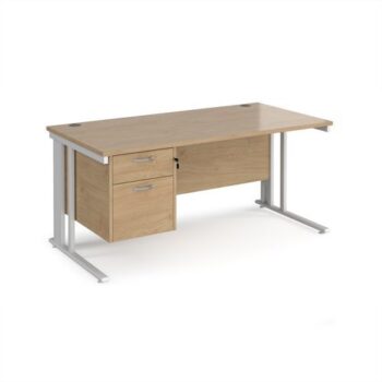 Maestro 25 straight desk 1600mm x 800mm with 2 drawer pedestal - white cable managed leg frame Kendal Oak Top - MCM16P2WHKO
