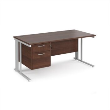 Maestro 25 straight desk 1600mm x 800mm with 2 drawer pedestal - white cable managed leg frame Walnut top - MCM16P2WHW