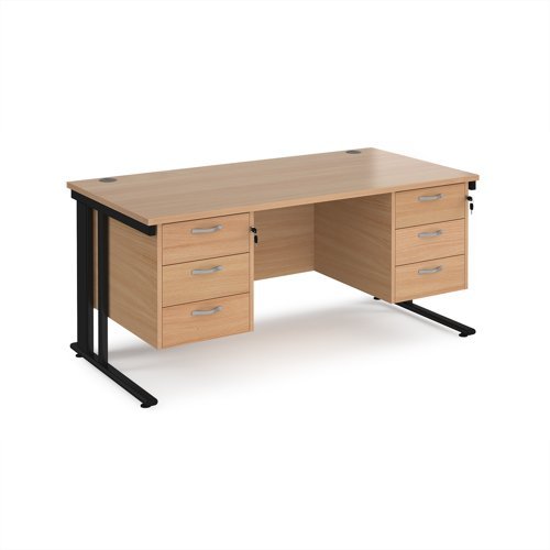 Maestro 25 straight desk 1600mm x 800mm with two x 3 drawer pedestals - black cable managed leg frame Beech top - MCM16P33KB