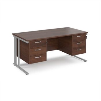 Maestro 25 straight desk 1600mm x 800mm with two x 3 drawer pedestals - silver cable managed leg frame Walnut top - MCM16P33SW
