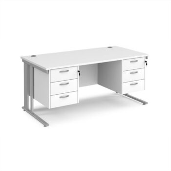 Maestro 25 straight desk 1600mm x 800mm with two x 3 drawer pedestals - silver cable managed leg frame White Top - MCM16P33SWH