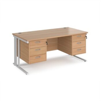 Maestro 25 straight desk 1600mm x 800mm with two x 3 drawer pedestals - white cable managed leg frame Beech top - MCM16P33WHB