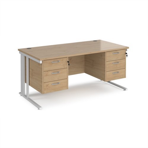 Maestro 25 straight desk 1600mm x 800mm with two x 3 drawer pedestals - white cable managed leg frame Kendal Oak Top - MCM16P33WHKO